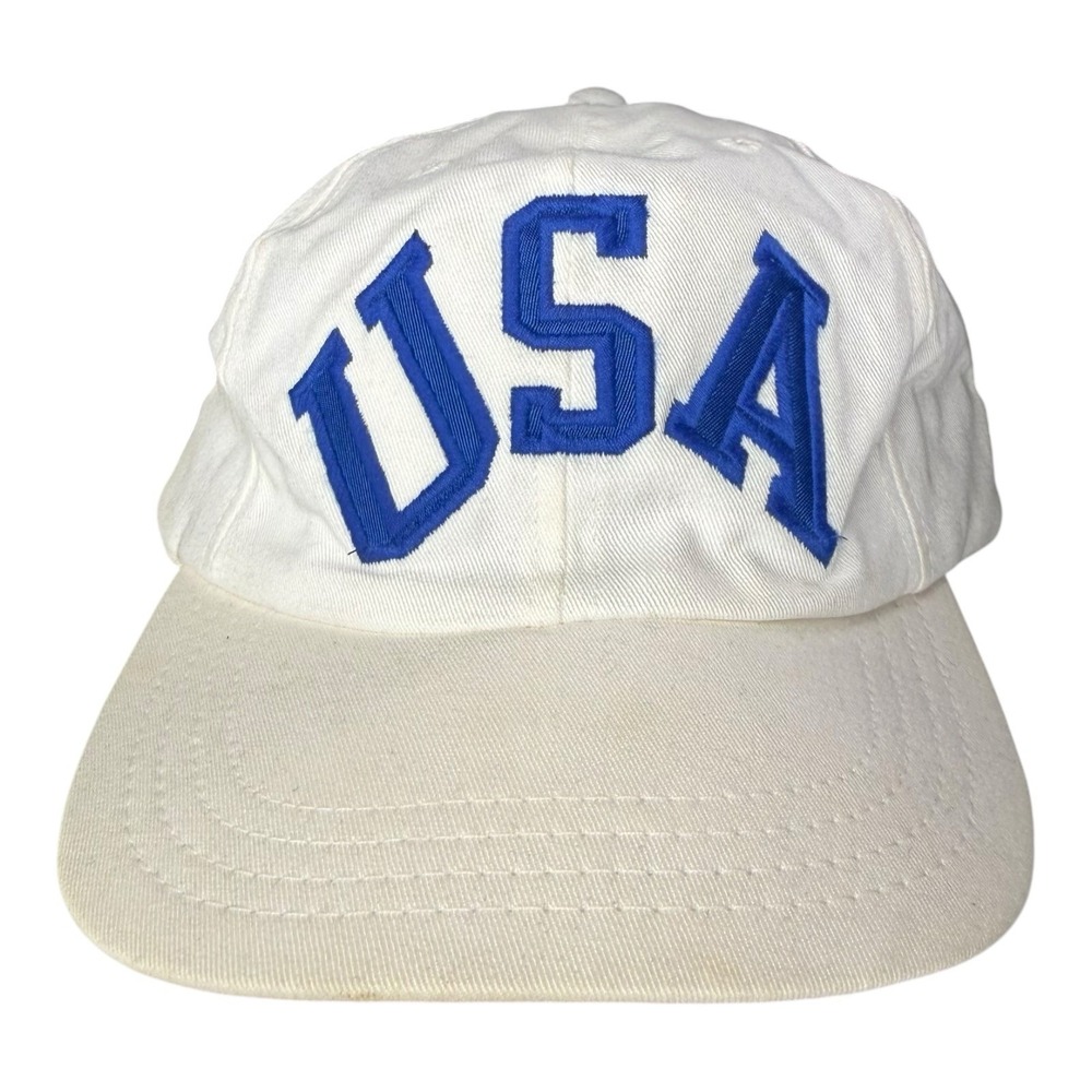 Vintage 90s Polo Sport Ralph Lauren USA Spellout Hat White Blue Strapback Cap